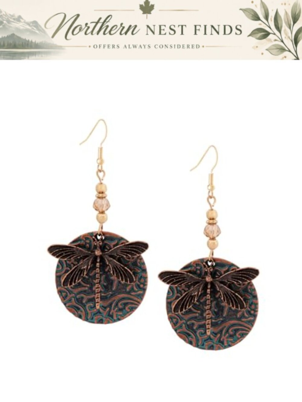 Boho Dragonfly Medallion Dangle Drop Earrings Copper Teal Accents Lightweight